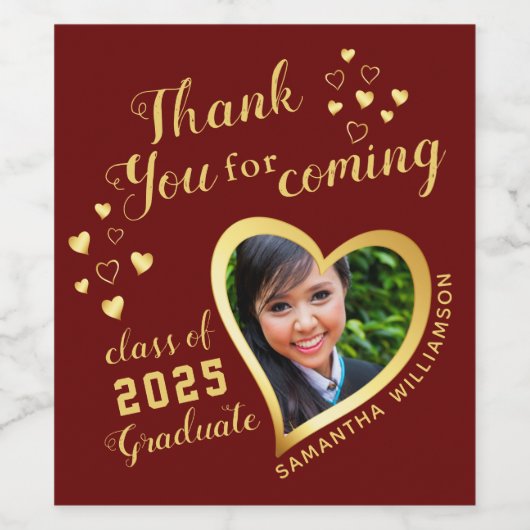 Maroon Red Dank je Foto Graduparty Favor Wijn Etiket (Enkel label)