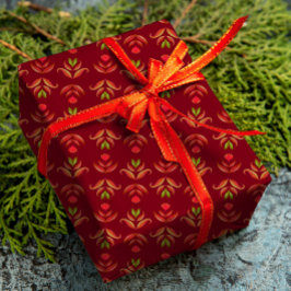Maroon Red Folk Art Floral Cozy & Rustige Kerstmis Cadeaupapier