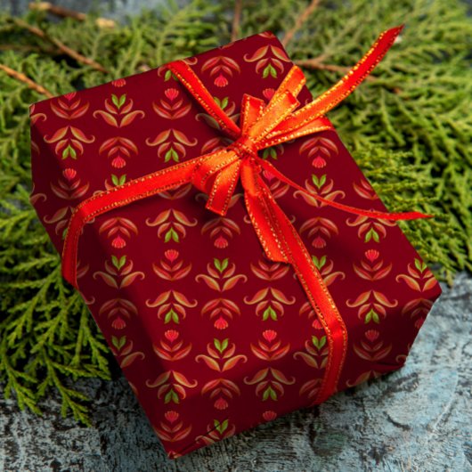 Maroon Red Folk Art Floral Cozy & Rustige Kerstmis Cadeaupapier