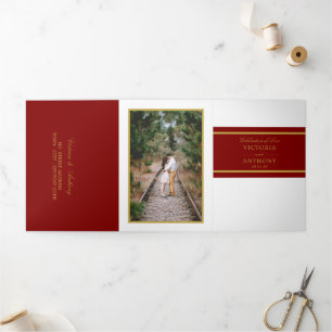 Maroon Red & Gold Modern Wedding Suite Drieluik Uitnodiging