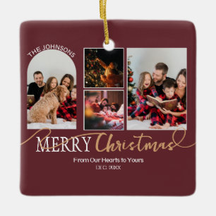Maroon Red Gold Script Christmas Modern Collage Keramisch Ornament