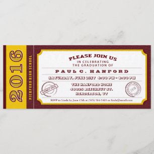 Maroon Red & Gold Ticket Afstudeerfeest Uitnodigen Kaart