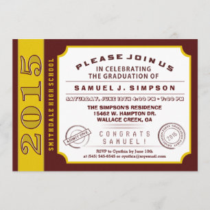 Maroon Red & Gold Ticket Afstuderen Uitnodiging