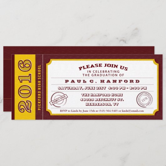 Maroon Red & Gold Ticket Invitation de la fête de  (Devant / Derrière)