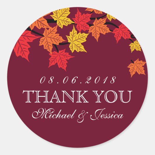 Maroon Red Maple Leaf Herfst Autumn Wedding Sticke Ronde Sticker (Voorkant)