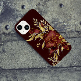 Maroon Red Rose Gold Leaves Monogram Case-Mate iPhone 14 Hoesje