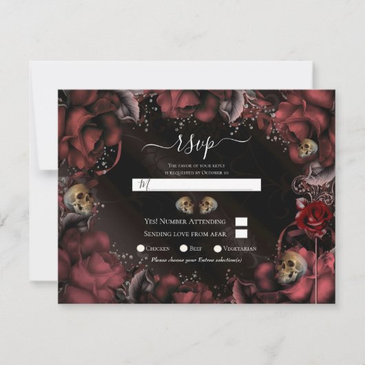 Maroon Red Rust Rozen & Skulls Wedding RSVP Kaart (Voorkant)