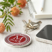 Maroon Red Silver Lijst Monogram Sleutelhanger (Zijkant)