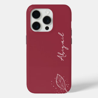 Maroon Red, Witte naam, Minimalistisch blad en Sti iPhone 15 Pro Case