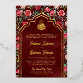 Maroon Rode Rozen Bloemen Moslim Bruiloft Goud Folie Uitnodiging (Voorkant)