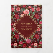 Maroon rode rozen bloemengoud Indiase bruiloft Drieluik Uitnodiging (Cover)