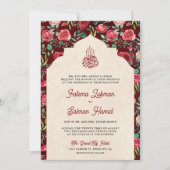  Maroon rode rozen bloemenmoslim bruiloft Kaart (Voorkant)