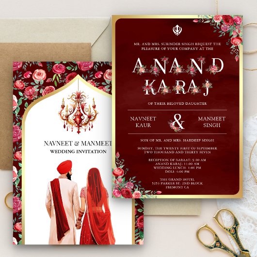 Maroon Rode Typografie Anand Karaj Sikh Bruiloft Kaart