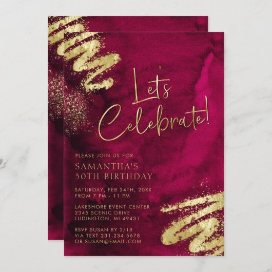 Maroon Rood en Goud Verjaardag Uitnodiging (Voorkant / Achterkant)
