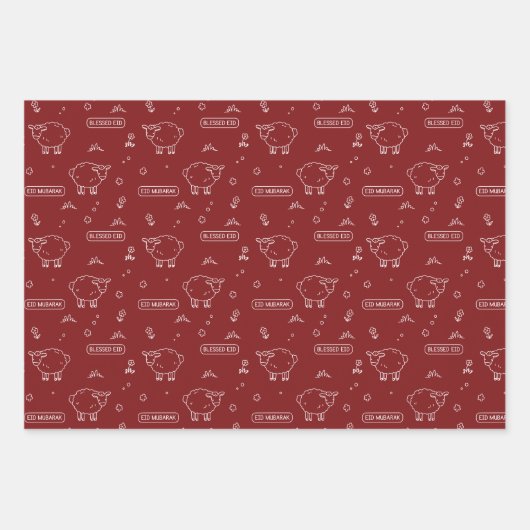 Maroon rood schaap Eid Mubarak Kinder Inpakpapier Vel (Voorkant 3)