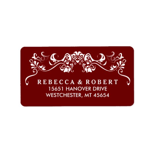 Maroon rood & wit Fancy trouwadreslabel Etiket (Voorkant)