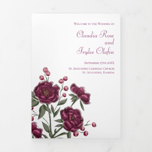 Maroon Rose Wedding Programs Drieluik Programma (Cover)