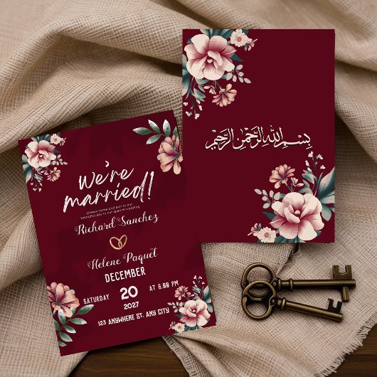 Maroon Rustic Damask Moslim bruiloft uitnodiging