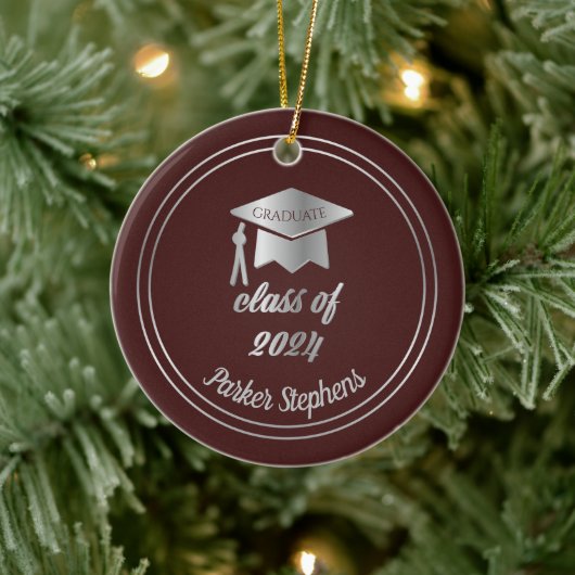 Maroon Silver Afstuderen Pet Afstuderen 2023 Foto Keramisch Ornament (Boom)