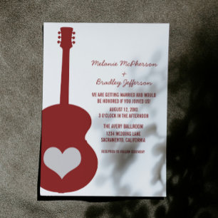 Maroon/Silver Guitar Heart Wedding Invite Kaart