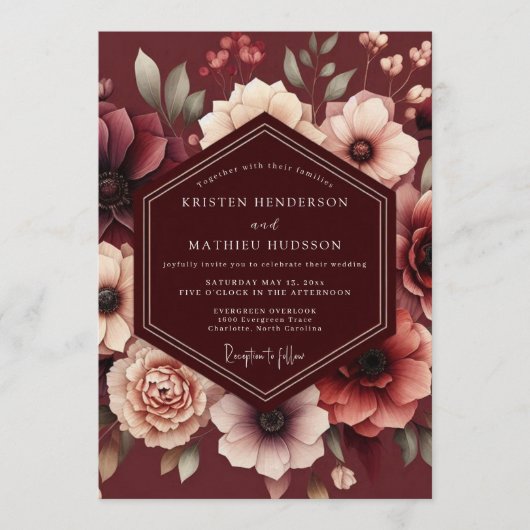 Maroon Somber Bloom Wedding Kaart (Voorkant)