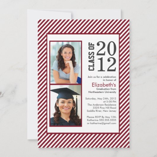 Maroon Stripes moderne Photo Graduation invitation (Devant)