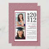 Maroon Stripes moderne Photo Graduation invitation (Devant / Derrière)
