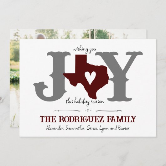 Maroon Texas JOY Foto Feestdagenkaart (Voorkant / Achterkant)