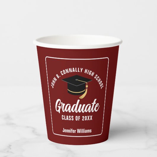 Maroon White Afstuderen Custom 2025 Graduation Par Papieren Bekers (Voorkant)