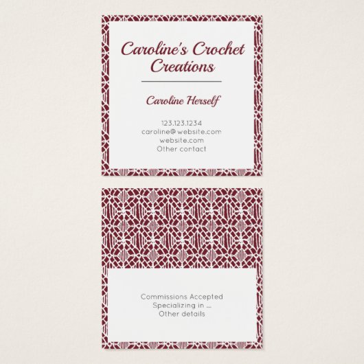 Maroon White Crochet Lace Pattern Business Card (Devant & derrière)