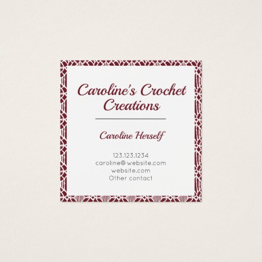 Maroon White Crochet Lace Pattern Business Card (Devant)