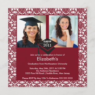 Maroon & White Damask Foto Afstuderen Uitnodiging