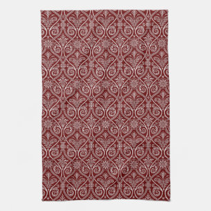 Maroon & White Damask Kitchen Towel Theedoek