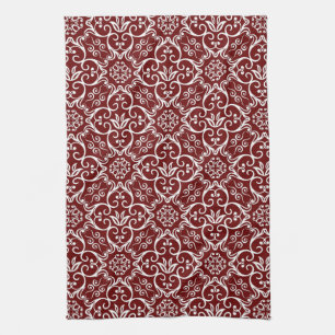 Maroon & White Damask Kitchen Towel Theedoek
