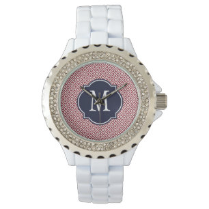 Maroon & White - Grieks sleutelpatroon Horloge