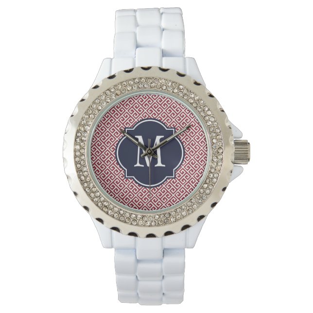 Maroon & White - Grieks sleutelpatroon Horloge (Voorkant)