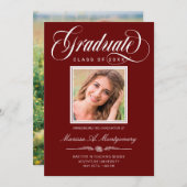 Maroon White Script Two Photo College Graduing Aankondiging (Voorkant / Achterkant)