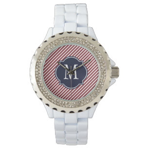 Maroon & White Striped Pattern Horloge