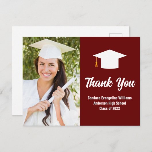 Maroon Wit Afstuderen Foto op maat Dank u Briefkaart (Voorkant / Achterkant)