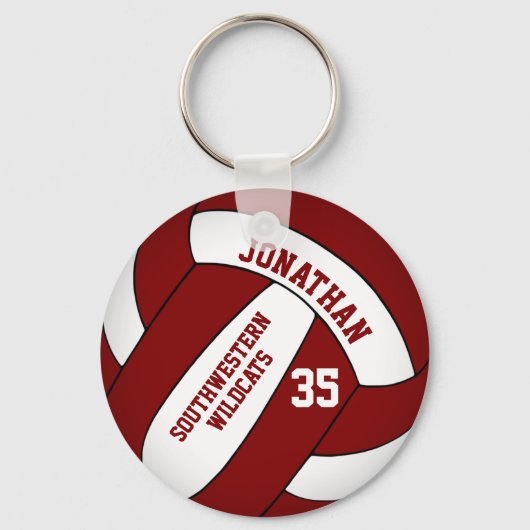 Maroon wit gepersonaliseerd jongens volleybal sleutelhanger (Voorkant)