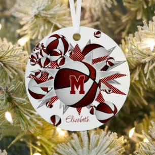 Maroon witte basketballen sterren gepersonaliseerd metalen ornament