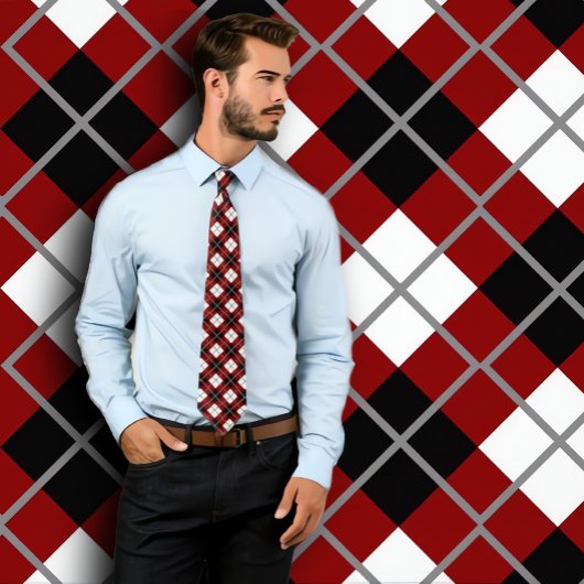 Maroon, zwart, wit en grijs Argyle Print stropdas