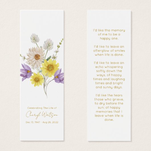 Marque-page de deuil simple de fleur sauvage (Devant & derrière)
