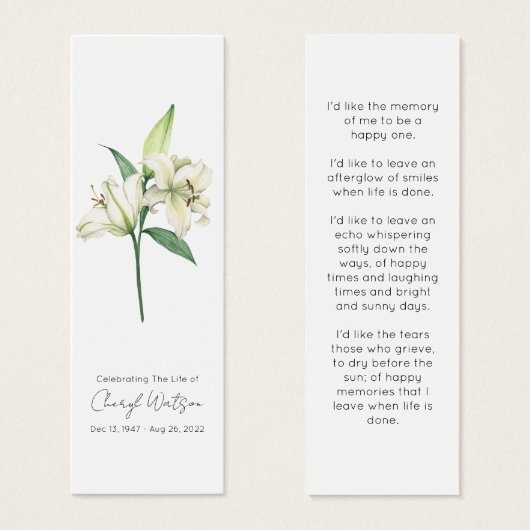 Marque-page de deuil simple en l'honneur de Lily (Devant & derrière)