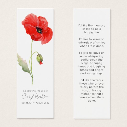 Marque-page de mémorial de deuil simple coquelicot (Devant & derrière)