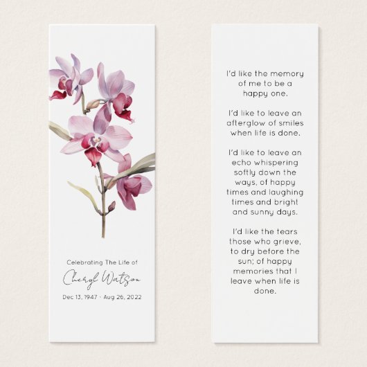 Marque-page mémorial pour funérailles d'orchidée s (Devant & derrière)