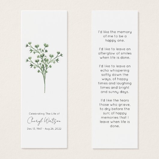 Marque-page mémorial simple Gypsophile pour funéra (Devant & derrière)
