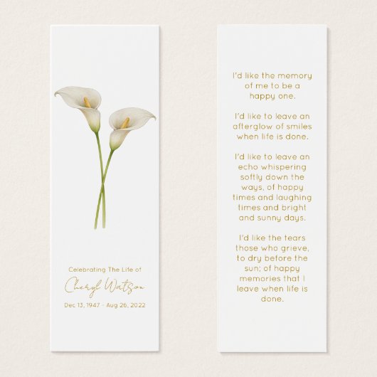 Marque-page mémorial simple lys calla funéraire (Devant & derrière)