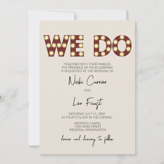 Marquee Lights 'We Do' Uitnodiging voor bruiloft (Voorkant)