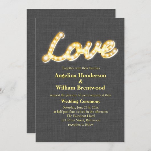Marquee Lights Wedding Invite Gray Burlap Kaart (Voorkant / Achterkant)